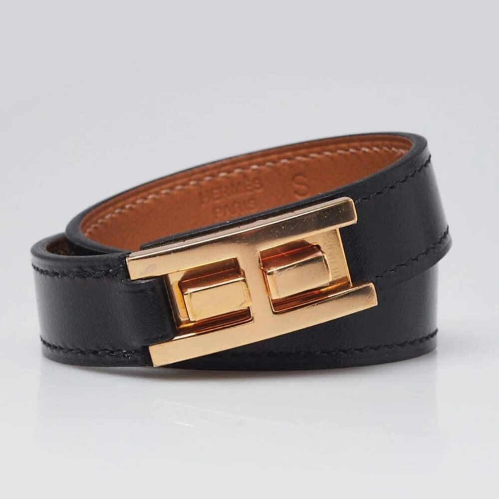 Hermes Black Box Leather Gold Plated Drag Double Tour Bracelet Size T2